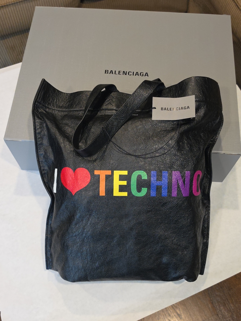 Balenciaga Black Leather 'I ❤️ TECHNO' Rainbow Print Tote
